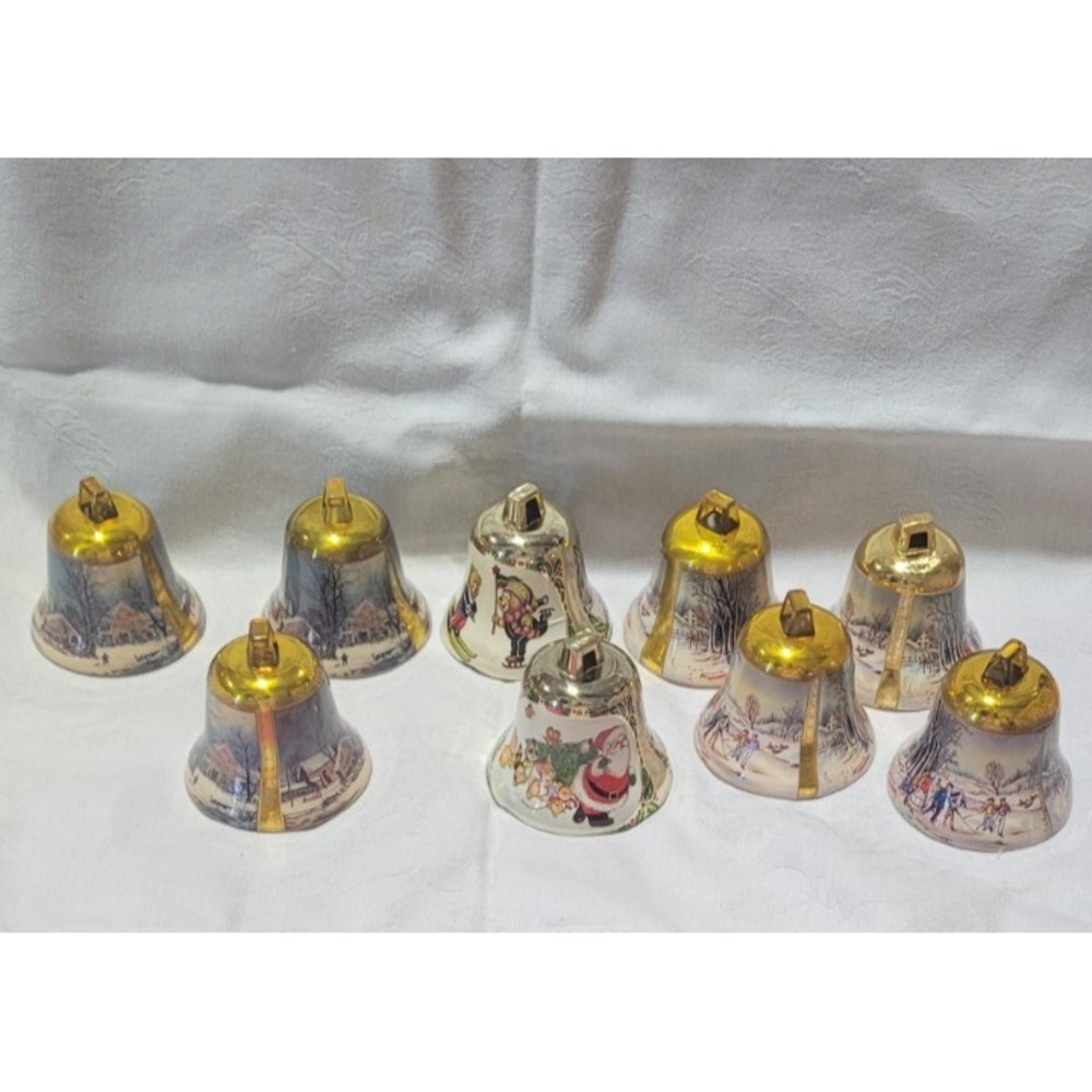 VTG Currier & Ives 9 Bell Ornament Set Royal Heritage Collection Christmas w Box
